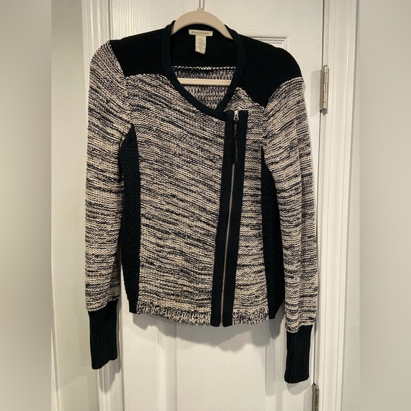 White + Warren Size M Black Cream Knit Asymmetrical Full Zip Cardigan Sweater - Picture 1 of 11